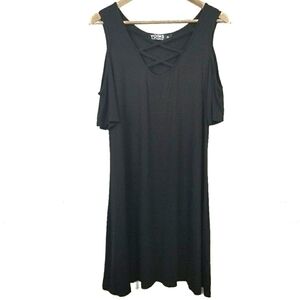 Womens Black Cold Shoulder‎ Dress Size M Lattice Neck Detail Midi Short Sleeve
